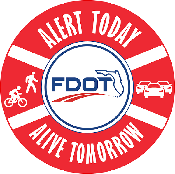 FDOT Pedestrian and Bicycle Safety logo, with red and white stripes, icons of a pedestrian and cyclist, and the words “Alert Today, Alive Tomorrow