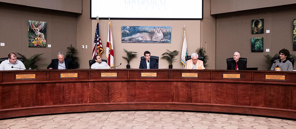 The seven members of the Commission seated during a meeting in the Orange County Government building.